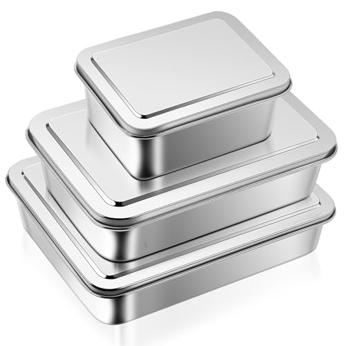 Tioncy 3 Sets Stainless Steel Cake Pan with Lid 11/9/5 Inch Rectangle Sheet Baking Pan with Covers Bakeware with Lids for Cakes Breads Casseroles Fish Vegetables and More