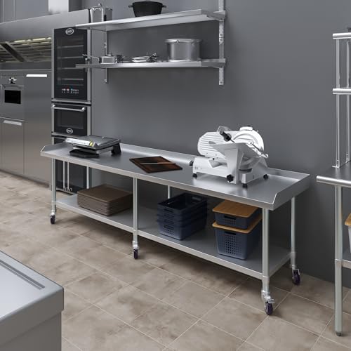 Image of AmGood Stainless Steel Equipment Stand with Undershelf + Casters, Heavy Duty, Commercial Grade, NSF Certified (24 inch Width x 96 inch Length + Casters)