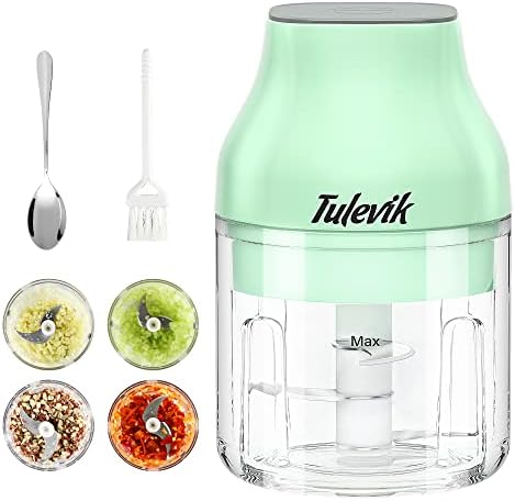 Electric Garlic Chopper, Tulevik 250ML Mini Portable Veggie Chopper, USB Rechargeable Garlic Grinder With Spoons and Brushes, Wireless Small Food Processor for Ginger, Chili, Meat, etc (Green)