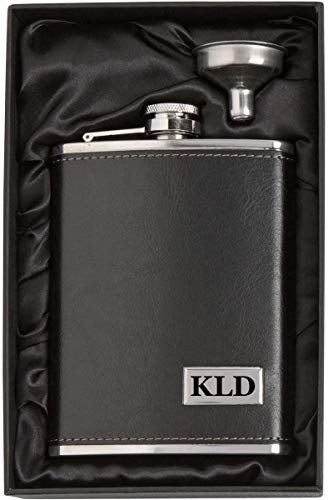 Custom Engraved 8 oz Black Leather Wrapped Stainless Steel Flask & Funnel Silk Lined Gift Box Set Personalized