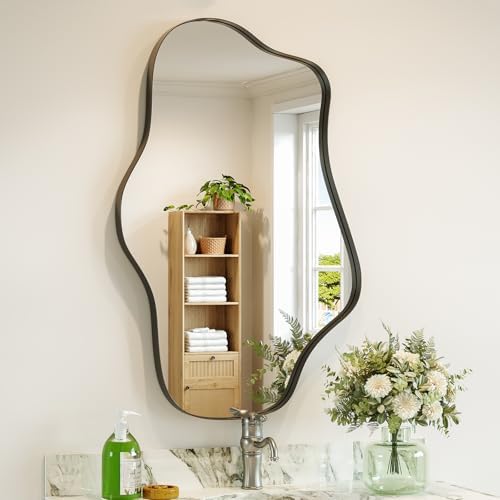 Irregular Wall Mirror, 20” x 36” Black Wavy Mirror with Modern Sh...