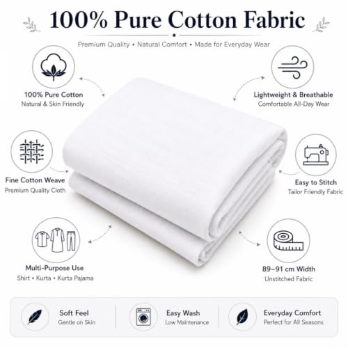 Image of White Pure Cotton Shirt Fabric for Men | Unstitched Shirting Cloth Material | White Shirt Piece Cloth | Tailoring Fabric | 2.25 Meter | 89 cm Width