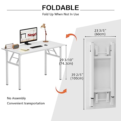 Image of Need Office Computer Desk 39.3 Inch Sturdy Folding Laptop Table White | White Frame Writing Gaming Work Table /Foldable Home Office Desk /Sewing Table, No Assembly Required