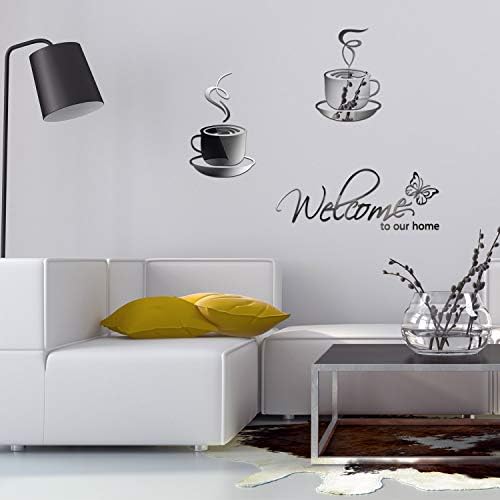 3 Pieces Home Removable Acrylic Mirror Setting Wall Decal, Include 1 Welcome to Our Home Wall Sticker, 2 Cafe Tea Wall Stickers Coffee Cup Vinyl Decal for Living Room Kitchen Restaurant Pub Decor