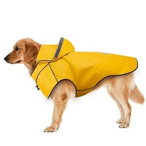 Dog Raincoat for Large Dogs, Reflective Dog Rain Jacket with Hoodie, Soft Lightweight Hooded Rain Coats with Adjustable Drawstring/Reflective Strip/Leash Hole, Waterproof Rainwear for Dog (Yellow, L)