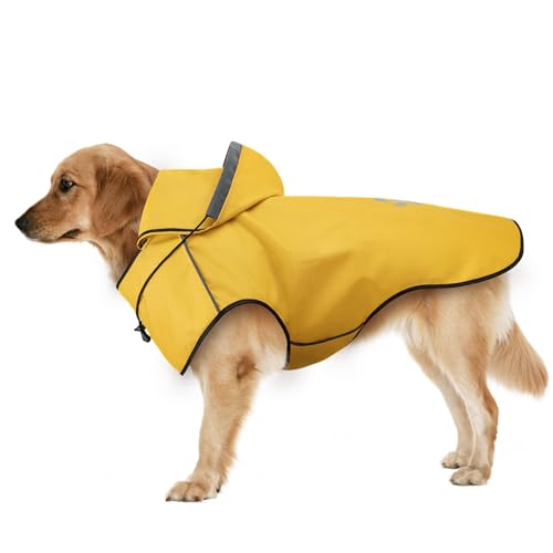 Dog Raincoat for Large Dogs, Reflective Dog Rain Jacket with Hoodie, Soft Lightweight Hooded Rain Coats with Adjustable Drawstring/Reflective Strip/Leash Hole, Waterproof Rainwear for Dog (Yellow, L)