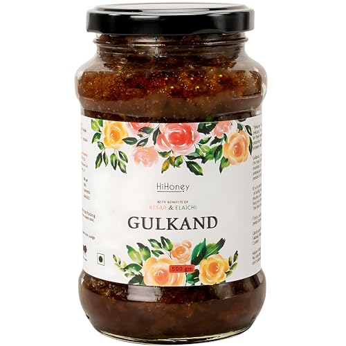 HI HONEY Natural Organic Gulkand | Pure Sun-Cooked Damask Rose Petals & Rock Sugar | Infused with Kesar & Elaichi | Ayurvedic Digestive & Natural Coolant | No Artificial Flavors | 500g Glass Jar