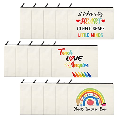 15 Pieces Teacher Appreciation Gifts Teacher Makeup Pouch Cosmetic Bag Teacher Thank You Gifts for Women Travel Toiletry Case Pencil Bag with Zipper for Teacher, 3 Styles (Rainbow)