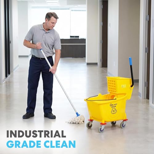 Image of SIMPLI-Magic Side Press Wringer Combo Commercial Mop Bucket on Wheels, 2-Pack, 35 Quart, Yellow, Including Wet Floor Caution Sign and Mop Set, Polyethylene