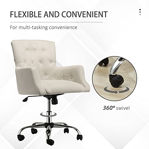 Homcom Mid Back Task Chair, Modern Home Office Chair With Tufted Button Design And Padded Armrests, Swivel Computer Desk Chair For Study Living Room Bedroom, Cream White #TOP5