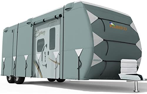 KING BIRD Upgraded Travel Trailer RV Cover, Extra-Thick 5 Layers Anti-UV Top Panel, Durable Camper Cover, Fits 20'- 22' Motorhome -Breathable, Waterproof, Rip-Stop with 2Pcs Straps & 4 Tire Covers