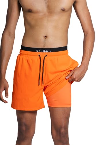ALPHO Short de Bain Boxer intégré - séchage Rapide (L, Orange)