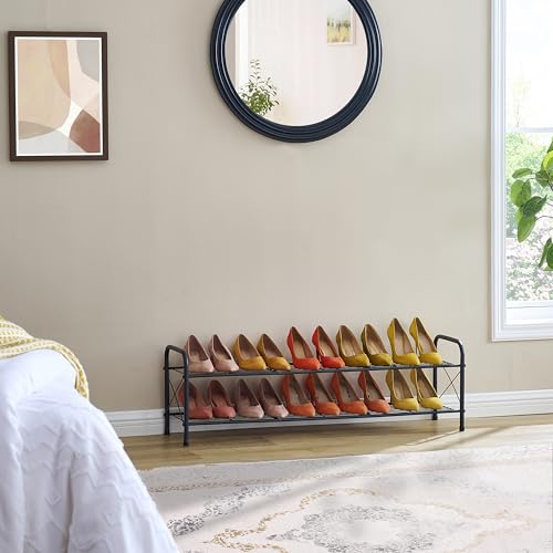Image of Hoctieon 2 Tier Shoe Rack for Closet, Durable Mesh Style Shoe Rack, Entryway Shoe Shelf, Shoe Storage Organizer for Hallway, Bedroom, Living Room, Wardrobe, Black