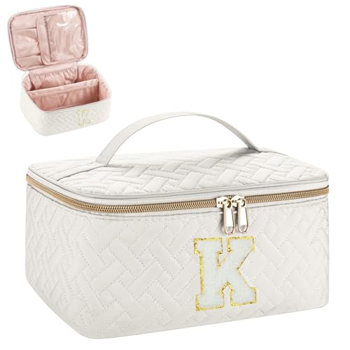 JRQCSJY Gifts Initial Makeup Organizer Bag for Girls, Chenille Letter Personalized Cosmetic Bag with Zipper & Handle | Preppy Quilted Portable Makeup Pouch Teen Birthday Gifts (K, Off White)