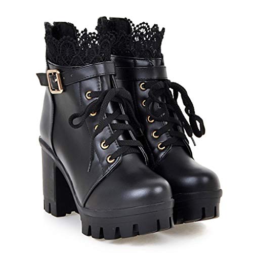 EIYEI Platform Boots for Women, Heeled Combat Boots Chunky Heel Booties Goth Round Toe Lace Up High Heel Ankle Boots Floral Lace Casual Buckle Short Booties for Bride Wedding Cosplay Party