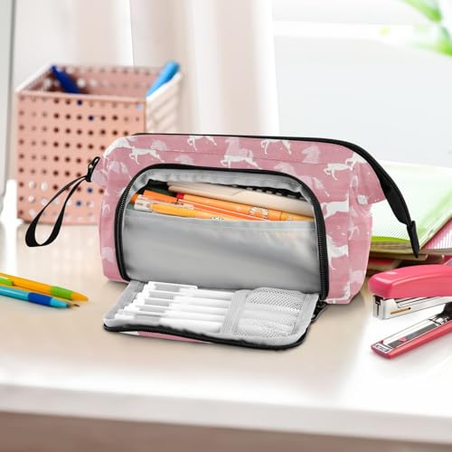 Image of Pink Horse Durable Nylon Pencil Bag 2-Way Opening Design Holds 60 Pens Great for Study Work Travel & Artistic Storage Needs