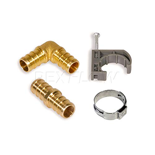 Pexflow PXKT30012 Pex Starter Kit - Crimper & Cutter Tools, 1/2-In Brass Elbow & Coupling Fittings, 1/2-In Stainless Steel Cinch Clamp, 1/2-In Half Clamp, 1/2-In X 300ft PEX Tubing (1 Red + 1 Blue)