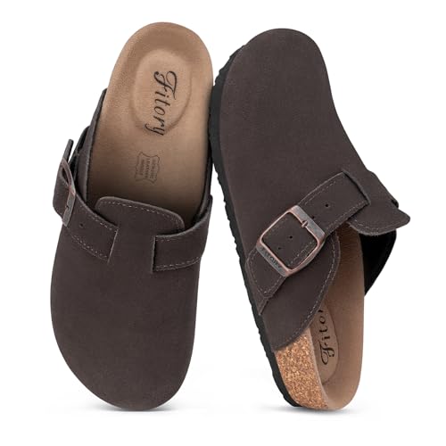 Image of FITORY Womens Clogs Slip-on Potato Shoes Leather Mules Suede Cork Footbed | Comfortable Adjustable Buckles Non-Slip Outsole Casual for Fall Outdoor Walking