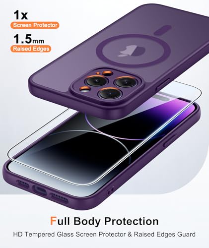 Image of FNTCASE for iPhone 14 Pro-Max Case: Translucent Purple Slim Cases Compatible with MagSafe, Full Camera Protection & Tempered Glass Protector, 14FT Military Grade Drop Tested, Matte Skin-Friendly Cover