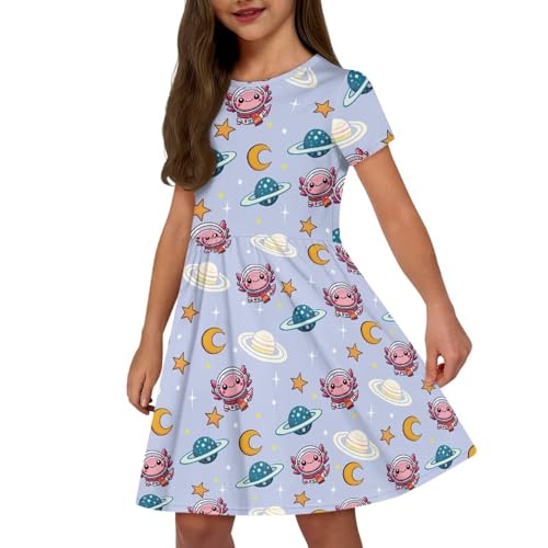 Image of Girls Dress with Pockets Basic Short Sleeve High Waist Swing Skater Dress School Party Dress for Kids