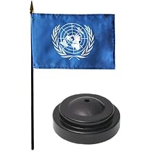 UN Desk Flag with Base; American Made Rayon 4x6 inch Miniature Table Set Includes One Small Mini Country Stick Flags and One Black Stand UN Desk Flag and Base