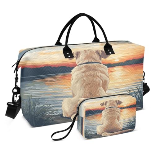 Golden Dog Sun Lake Leaf Travel Duffle Bag Gym Bag Weekender Bags with Toiletry Bag Travel Trip Tote Bag
