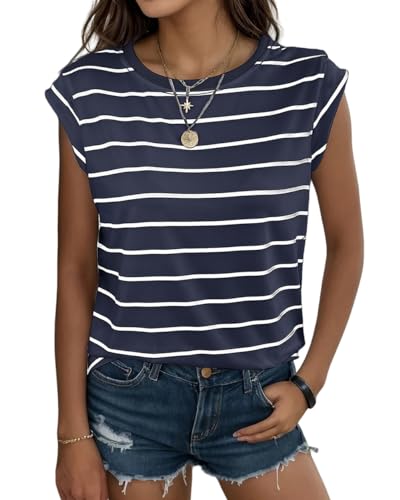YUTILA Damen Tshirt Sommer Rundhal Ausschnitt Casual Gestreift Tops Kurzarm Flügelärmel Leicht Oberteil