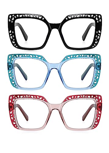 Image of ICARA 3 Pack Fashion Oversized Square Reading Glasses for Women, Retro Celebrity Style Blue Light Blocking Computer Readers