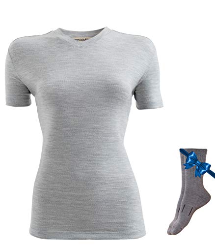 100% NZ Organic Merino Wool Lightweight Women's Base Layer Thermal Short Sleeve T-Shirt + Merino Wool Hiking Socks Bundle (Medium, Heathered Grey)
