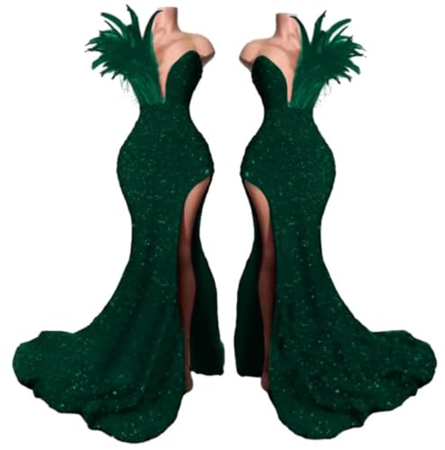 Women's Sexy Sequins Feathers Prom Dress Deep V Neck Gown Off Shoulder Celebrity Cocktail Party Gowns with High Split