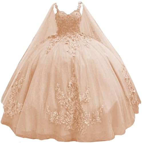 TRHTX Lace Beaded XV Dress for Quinceanera with Cape Plus Size 22 Peach