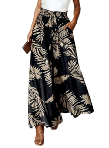 TIAFORD Womens Floral Printed Wide Leg Palazzo Pants Elastic High Waisted Casual Lounge Boho Trousers with Pockets