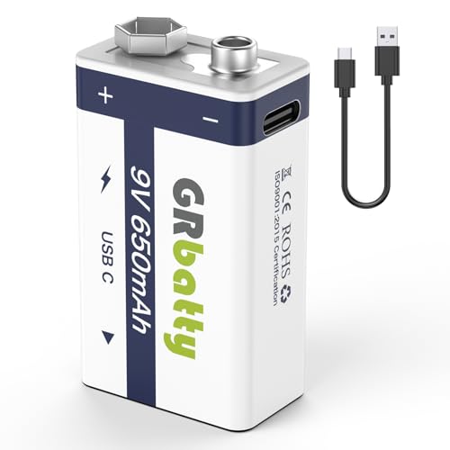 GRbatty Pilas Recargables de 9 V，650mAh Baterías de Litio Recargables de 9V con Cable de Carga USB-C, para Detectores de Humo, Micrófonos, Walkie-talkies y más Paquete de 1