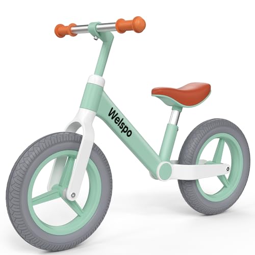 welspo 12-Inch Kids Balance Bike, No Pedal Toddler Bike for 2-5 Years Old Boys and Girls, Lightweight Nylon Frame with Adjustable Handlebar and Seat, Shock Absorption, Anti-Slip PU Airless Tires