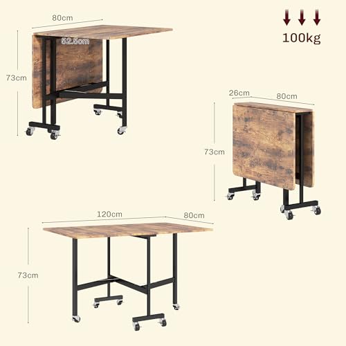 HOMCOM Mobile Drop Leaf Dining Table with 6 Wheels & Brakes, Compact Folding Kitchen Table for Limited Spaces, Rustic Brown Finish - Image 3
