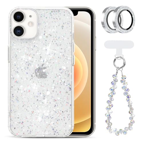 FanTEK Compatible with iPhone 12 Glitter case with Glitter Camera Lens Protector and Beaded Sparkling Phone Wrist Strap Clear Bling Sparkly Cute Phone Case for Women and Girls