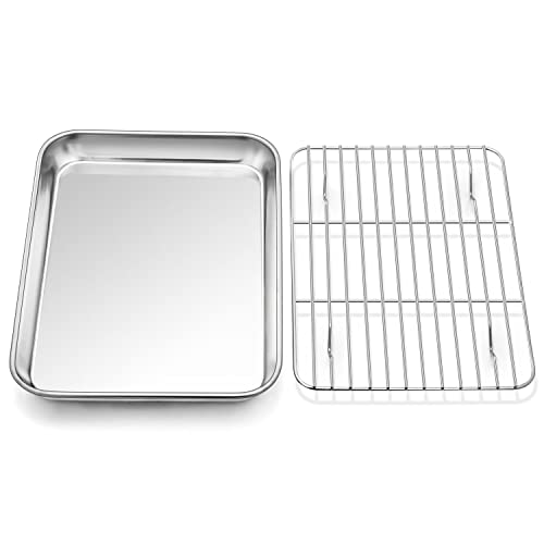 P&P CHEF 10.4 Inch Baking Sheet Pan with Rack Set, Stainless Steel Cookie Sheet Pan Tray with Cooling Rack for Oven Use, Cooking Roasting, Non Toxic & Dishwasher Safe, Heavy Duty