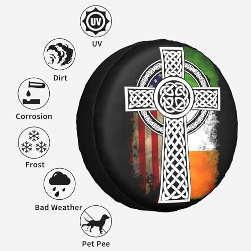 Image of American Irish Cross St. Patrick's Day Flag Spare Tire Cover Weatherproof Wheel Protectors Dust-Proof Sun Protection Wheel Tire Covers Universal Fit for Truck SUV RV Camper Trailer 17 inch