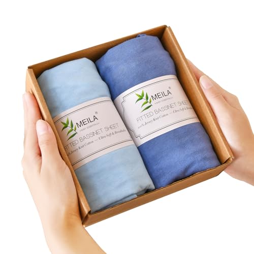 Image of MEILA Bassinet Fitted Sheets Compatible with Baby Delight Slumber Deluxe Rocking Bassinet, 100% Jersey Cotton Beside Bassinet Sheet for Baby Girl, Pack of 2, 30x18 (Blue+Navy Blue)