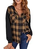 Blooming Jelly Womens Plaid Hooded Flannel Shirts Long Sleeve Hoodies Shacket Button Down Oversized Color Block Fall Tops（L,Yellow）