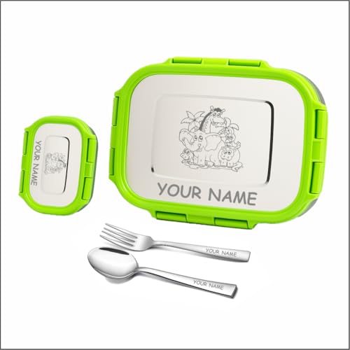 Image of Personalized Tiffin | Customized Lunch Box with Lids | Personalized Stainless Steel Tiffin Box | Your Child's Name and Favourite Character Engraved | for School Students (Light Green)