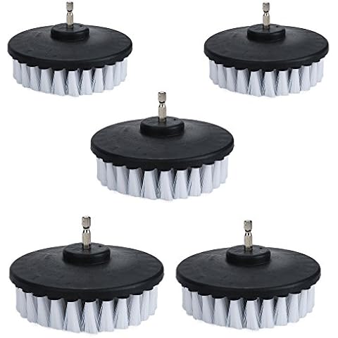 5 Piece 4 inch Drill Brush Soft Bristle White Quick Change Shaft Soft Bristle Power Scrubber Brush Set for Cleaning Car, Boat, Seat, Carpet, Upholstery and Shower Door Cover