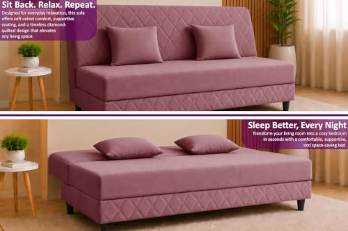 Image of Deco Studio 3 Seater Sofa Bed | Premium Upholstered Velvet Fabric Folding Couch for Living Room, Guest Room & Bedroom | Quilted Backrest with 2 Cushions (Rose-Pink)