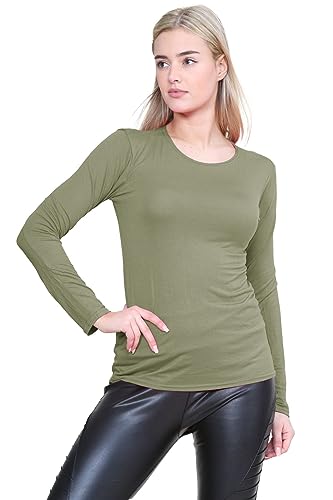 janisramone Womens Long Sleeve T-Shirt Ladies Round Neck Plain Casual Stretchy Tee Fitted Jersey Basic Top Khaki