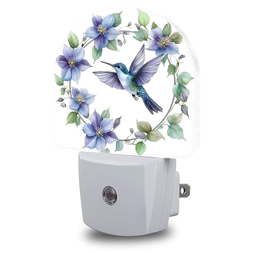 Image of Floral Night Light, Hummingbird Wreath Night Lights Plug into Wall Dusk to Dawn Sensor Round Nightlight for Women Men Energy Efficient Led Lamp 0.5W for Stairway Hallway Bedroom