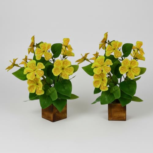 Image of fancymart Artificial Flower Plant Set of 2 with Wooden Pot - 23 cm Height | Real-Touch Faux Floral Decor for Home, Office, Living Room, Bedroom, Desk & Gift Purpose