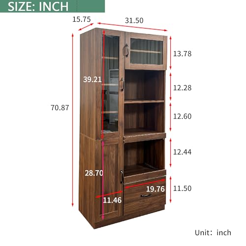 Image of Farmhouse Kitchen Hutch Pantry Cabinet, 70.87 inch Tall Freestanding Cupboard with Multi-Tier Storage Rack and Microwave Stand for Kitchen, Dining Room, Walnut