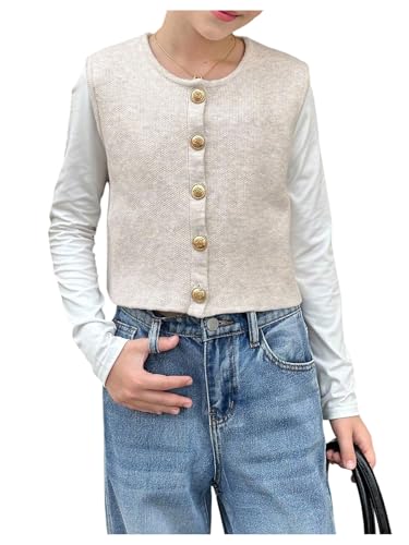 Floerns Girl's Button Down Sweater Vest Sleeveless Crew Neck Lightweight Knitted Tank Top
