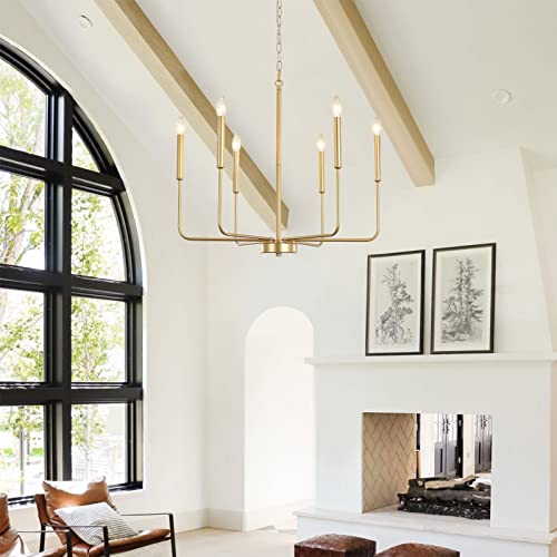 Kostomo Gold Chandelier 6-Light Farmhouse Chandelier Lighting Fixture, Linear Pendant Light Dining Room Chandelier Over Table For Bedroom Kitchen Island Living Dining Room, Antique Gold Finished #TOP6