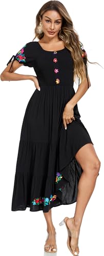 Image of Women's Summer Maxi Dress Casual Floral Embroidered Round Neck Short Sleeve Ruffle Tiered Dress Flowy Boho Beach Sundress